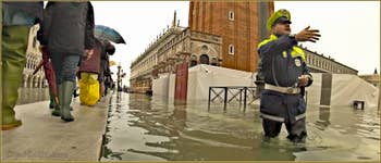 Acqua Alta Venise - Policier en charge de la circulation... piétons, place Saint-Marc, dans le Sestier de San Marco à Venise. 