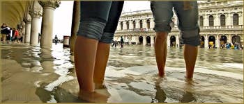 Acqua Alta Venise - Petons dans l'eau, sous les arcades du Palais des Doges, dans le Sestier de Saint-Marc à Venise.