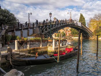 Gondola at the foot of the Accademia Bridge, in Dorsoduro, Venice.