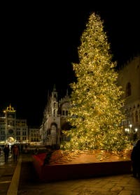 Bonne Année 2022, Meilleurs Voeux de Venise !
Le sapin de Noël de Venise devant la tour de l'Horloge et la Basilique Saint-Marc.