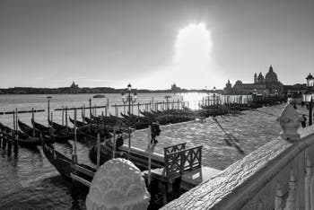 Les gondoles et le môle du bassin de Saint-Marc à Venise, au fond, l'église de la Salute.