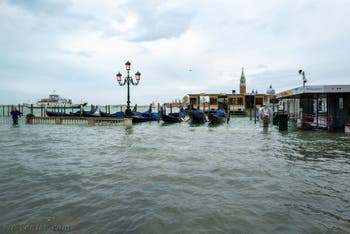 Acqua Alta de Novembre 2019 à Venise, les gondoles sur la Riva degli Schiavoni dans le Castello à Venise.