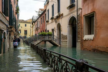 Acqua Alta de Novembre 2019 à Venise, le Rio de San Zaninovo et la Fondamenta del Rimedio dans le Castello à Venise.