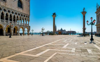 The Doge's Palace and Piazzetta San Marco and its columns in Venice.