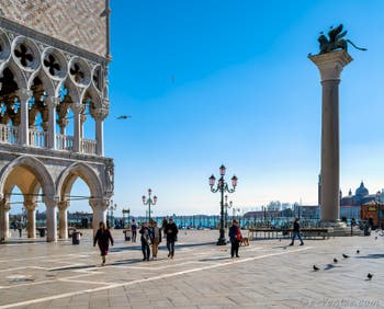 The Doge's Palace and Piazzetta San Marco and the lion column of St. Mark in Venice.