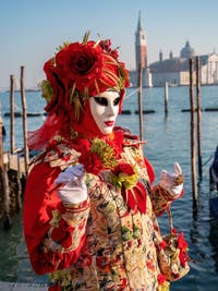 Fleur rouge devant le bassin de Saint Marc, les Masques et costumes du Carnaval de Venise