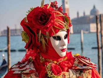 Fleur rouge devant le bassin de Saint Marc, les Masques et costumes du Carnaval de Venise