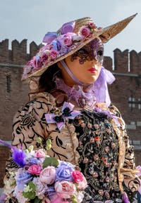 Les costumés du carnaval de Venise devant l'Arsenal de Venise.