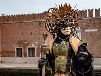 Les costumés du carnaval de Venise devant l'Arsenal de Venise.