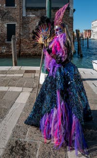 Les costumés du carnaval de Venise devant la Madonna de la Salute.