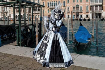 Les costumés du carnaval de Venise devant la Madonna de la Salute.