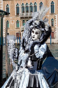 Les costumés du carnaval de Venise devant la Madonna de la Salute.