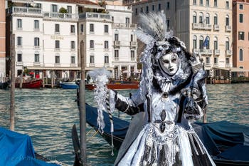 Les costumés du carnaval de Venise devant la Madonna de la Salute.