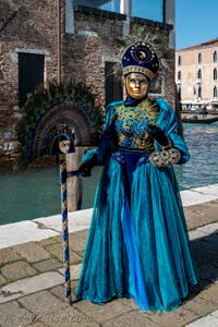 Les costumés du carnaval de Venise devant la Madonna de la Salute.