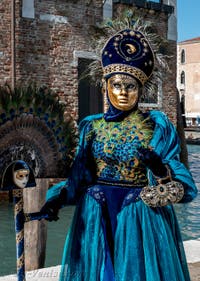 Les costumés du carnaval de Venise devant la Madonna de la Salute.