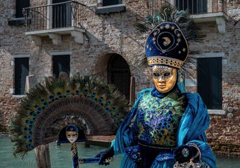 Les costumés du carnaval de Venise devant la Madonna de la Salute.