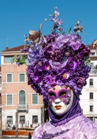 Les costumés du carnaval de Venise devant la Madonna de la Salute.