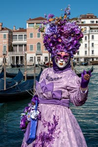 Les costumés du carnaval de Venise devant la Madonna de la Salute.