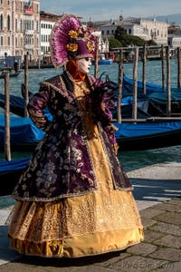 Les costumés du carnaval de Venise devant la Madonna de la Salute.