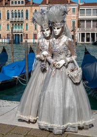 Les costumés du carnaval de Venise devant la Madonna de la Salute.