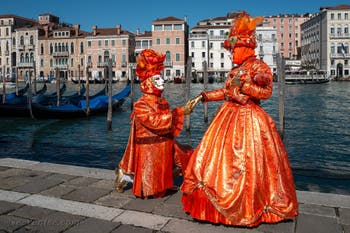 Les costumés du carnaval de Venise devant la Madonna de la Salute.