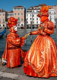 Les costumés du carnaval de Venise devant la Madonna de la Salute.