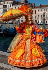 Les costumés du carnaval de Venise devant la Madonna de la Salute.