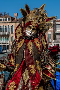 Les costumés du carnaval de Venise devant la Madonna de la Salute.