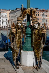 Les costumés du carnaval de Venise devant la Madonna de la Salute.