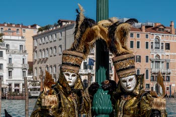 Les costumés du carnaval de Venise devant la Madonna de la Salute.