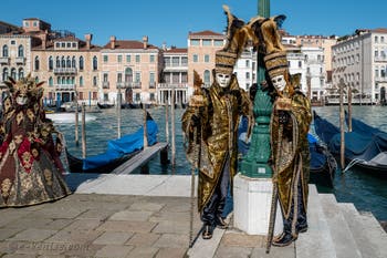 Les costumés du carnaval de Venise devant la Madonna de la Salute.