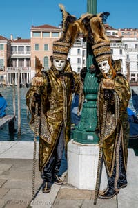 Les costumés du carnaval de Venise devant la Madonna de la Salute.