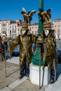 Les costumés du carnaval de Venise devant la Madonna de la Salute.