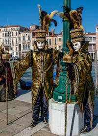 Les costumés du carnaval de Venise devant la Madonna de la Salute.