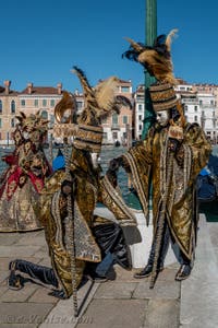 Les costumés du carnaval de Venise devant la Madonna de la Salute.