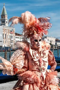 Les costumés du carnaval de Venise devant la Madonna de la Salute.