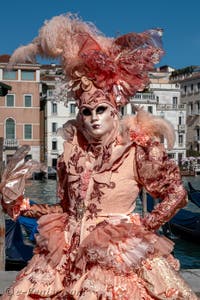 Les costumés du carnaval de Venise devant la Madonna de la Salute.