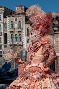 Les costumés du carnaval de Venise devant la Madonna de la Salute.