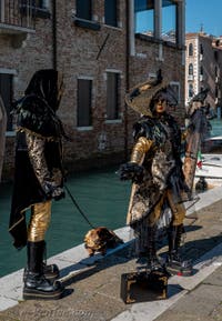 Les costumés du carnaval de Venise devant la Madonna de la Salute.