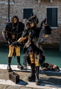 Les costumés du carnaval de Venise devant la Madonna de la Salute.