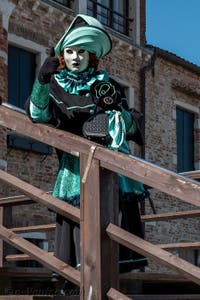 Les costumés du carnaval de Venise devant la Madonna de la Salute.