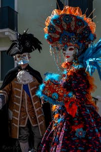 Les costumés du carnaval de Venise devant la Madonna de la Salute.