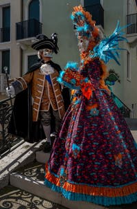 Les costumés du carnaval de Venise devant la Madonna de la Salute.