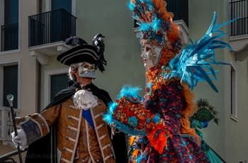 Les costumés du carnaval de Venise devant la Madonna de la Salute.