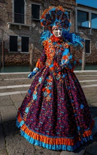 Les costumés du carnaval de Venise devant la Madonna de la Salute.