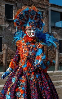 Les costumés du carnaval de Venise devant la Madonna de la Salute.