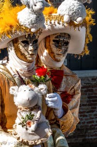 Les costumés du carnaval de Venise devant la Madonna de la Salute.