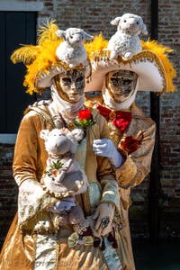 Les costumés du carnaval de Venise devant la Madonna de la Salute.