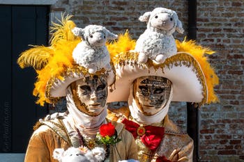 Les costumés du carnaval de Venise devant la Madonna de la Salute.