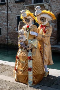 Les costumés du carnaval de Venise devant la Madonna de la Salute.